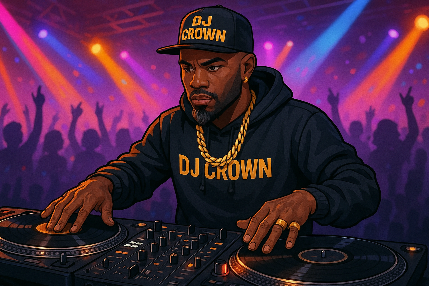 yes but with gold jewelry and a hat and hoodie that spells ouy Dj Crown on both